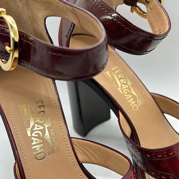 Salvatore Ferragamo Cherry Leather Nuala Block Heel Sandals Shoes **Sz 10**π₯π₯ - Picture 3 of 11